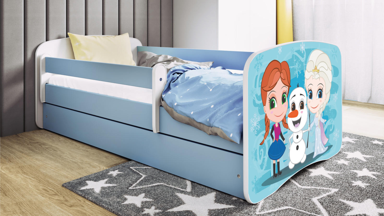KINDERBETT Winterschwestern 70x140 cm mit Schublade, Rausfallschutz & Lattenrost, Blau - Blau, Holzwerkstoff (70/140cm) - RAUMHIRSCH FURNITURE