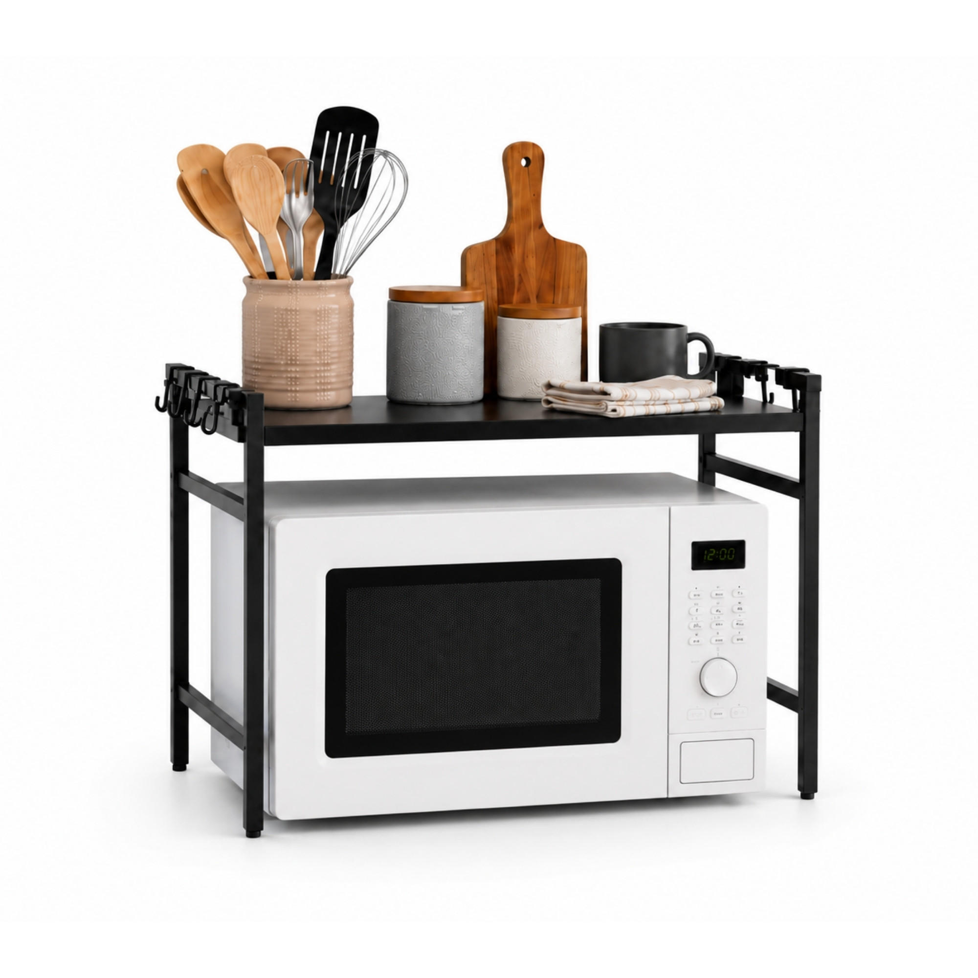 VERSTELLBARES Mikrowellenregal NEXO mit Ablagefläche 2-Stufig HxBxT 46x40-60x36 cm Ausziehbar zwischen 40-60cm Metall Schwarz - Schwarz, Metall (60/46/36cm) - BERLINLODGE