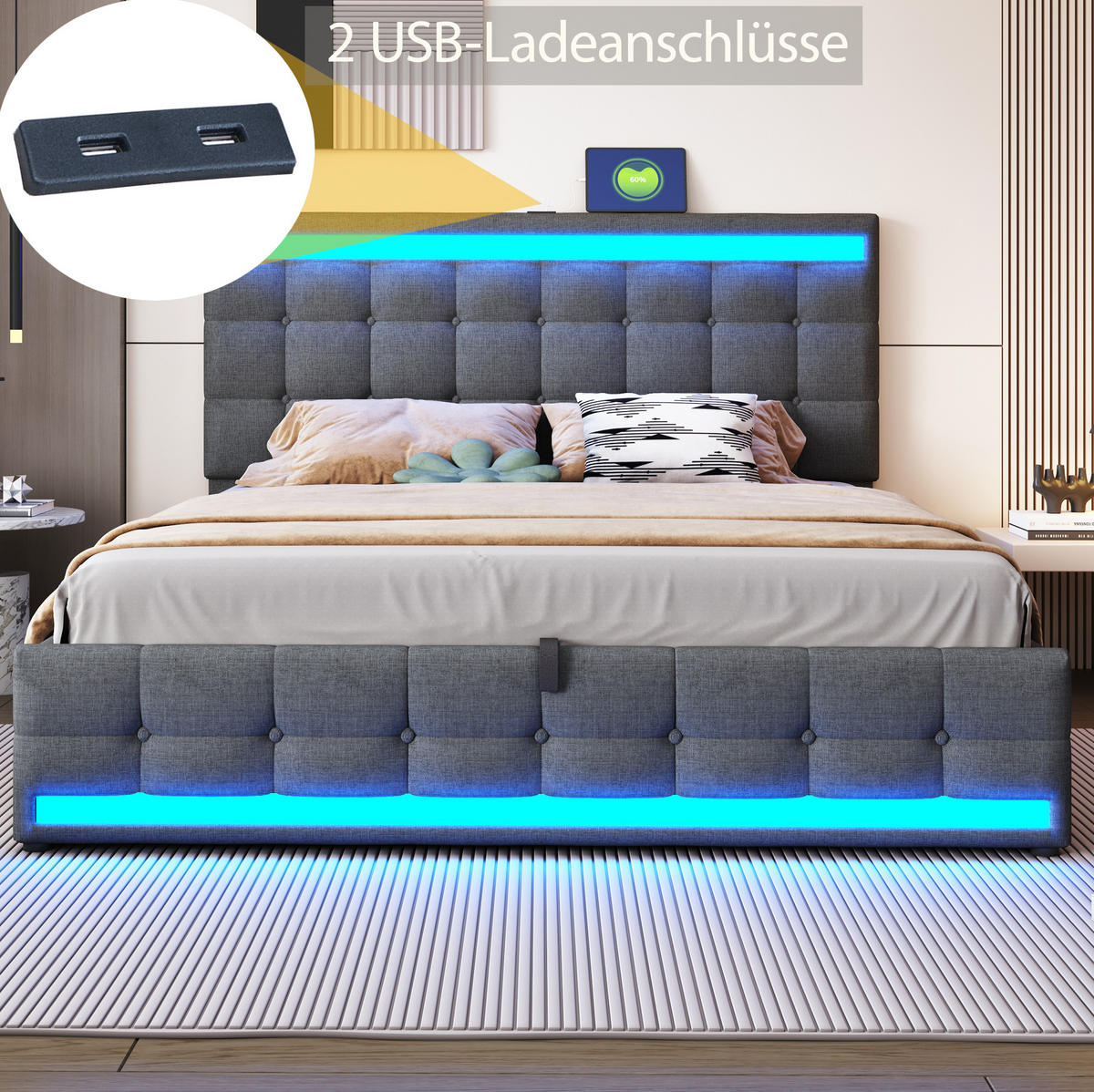 POLSTERBETT 180/200 cm mit RGB-LED, USB-Anschlüssen und verstellbarem Kopfteil, Grau - Grau, Textil (180/200cm) - Redom