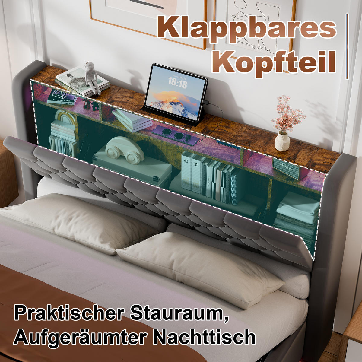 POLSTERBETT 140/200 cm Grau mit Holländischem Velours, LED, USB+Type-C, Ablagekopfteil - Grau, Textil (140/200cm) - OKMYHOME