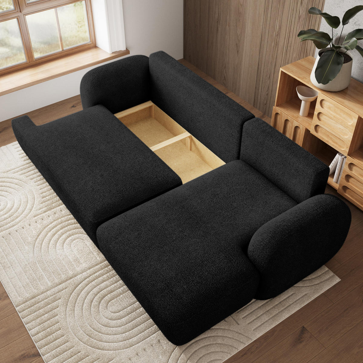 ECKSOFA MODENZA N R-S Schwarz Boucle-Stoff mit Schlaffunktion - Schwarz, Holz (266/148cm) - MASSENO