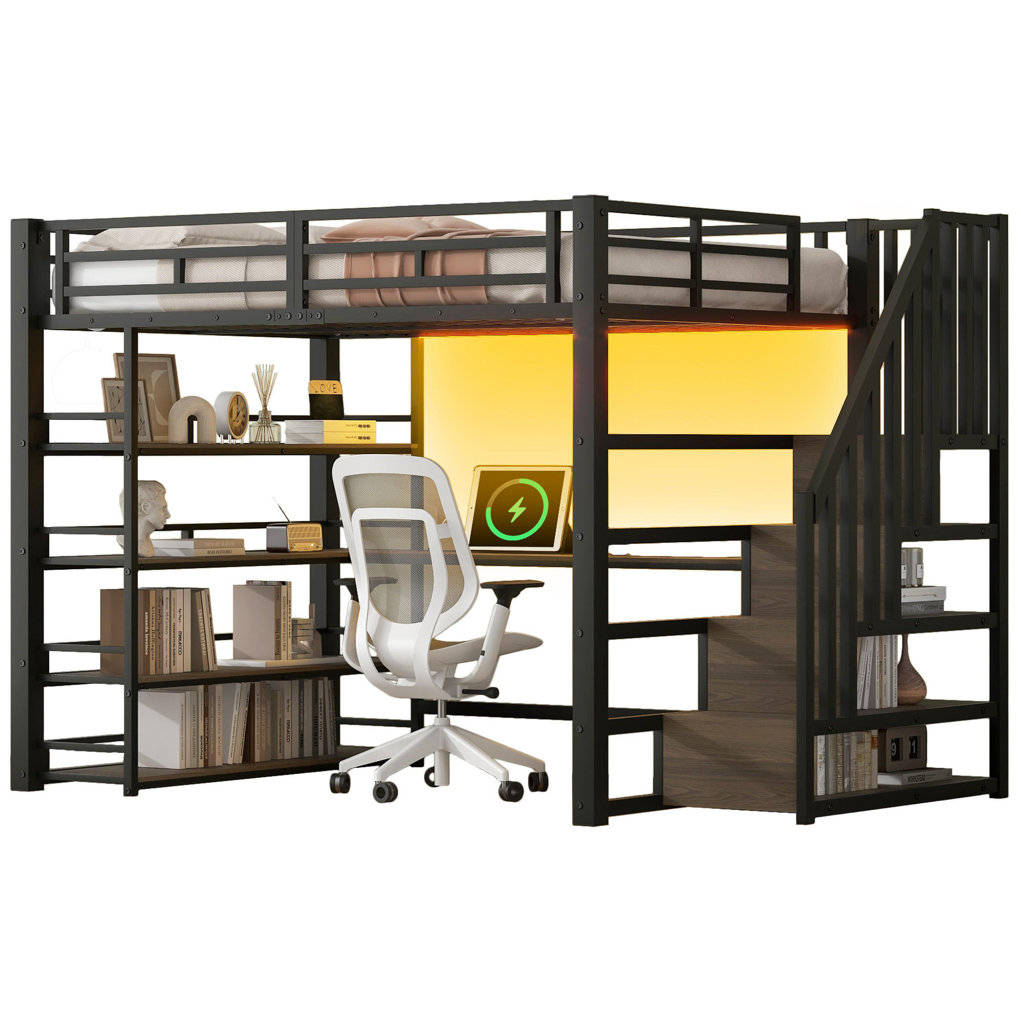 VYSOKÁ postel 140/200 cm se schody, psacím stolem, policemi, USB a LED osvětlením, Černá - černá, kompozitní dřevo (140/200cm) - Redom