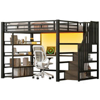 VYSOKÁ postel 140/200 cm se schody, psacím stolem, policemi, USB a LED osvětlením, Černá - černá, kompozitní dřevo (140/200cm) - Redom