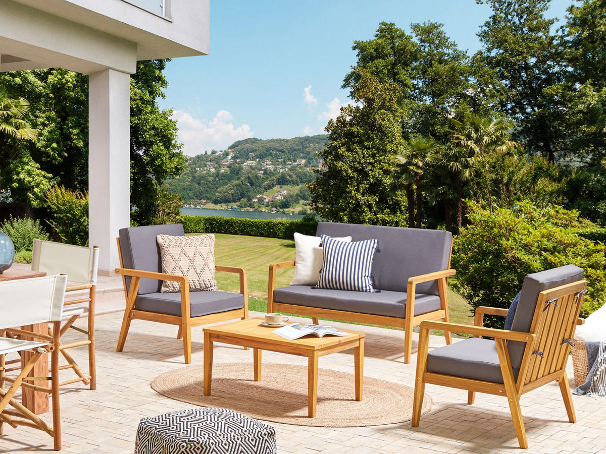 LOUNGE SET 4-Sitzer Hellbraun Auflagen dunkelgrau Pallano - Hellbraun/Dunkelbraun, Holz - Beliani
