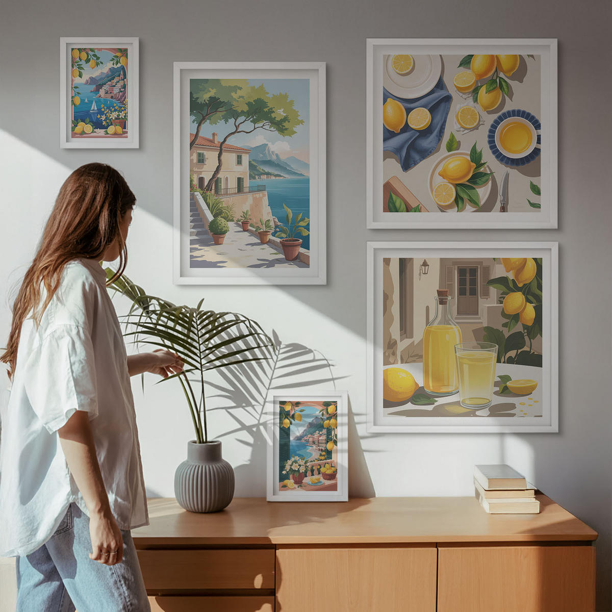 WANDBILDER 5er-Set - 50x50 cm & 20x30 cm & 40x60 cm Weißer Rahmen - Olivenblüten in Vasen Natur - Weiß, Kunststoff (40/60cm) - ArtPrintCave