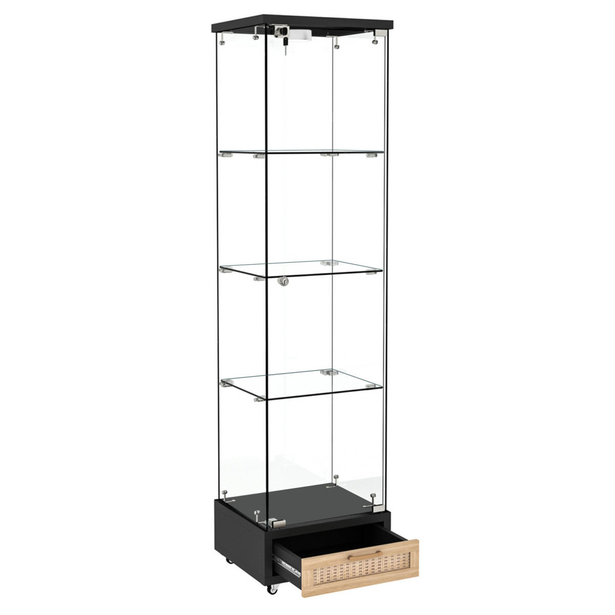 VITRINE 36,5/42,5/167 cm schwarz aus MDF und Glas mit LED und Rollen - Schwarz, Holzwerkstoff (42.5/167/36.5cm) - OKWISH