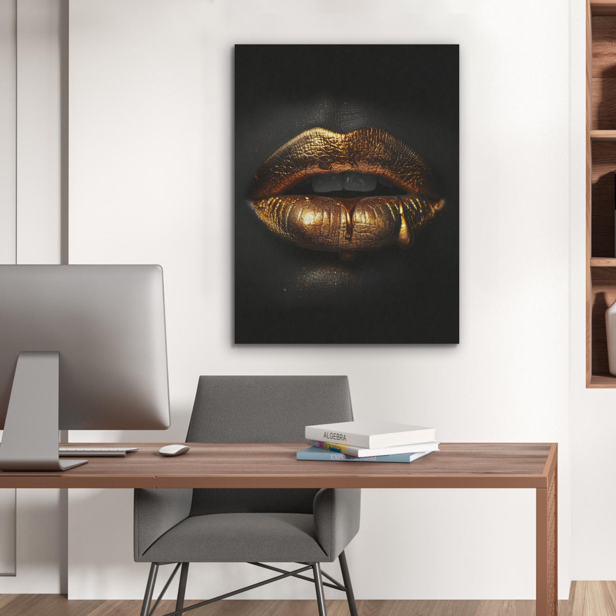 AKUSTIKPANEEL Frau - Porträt - Lippen - Gold - Schwarz 60x80 cm - Schwarz, Textil (60/0.9/80cm) - MuchoWow