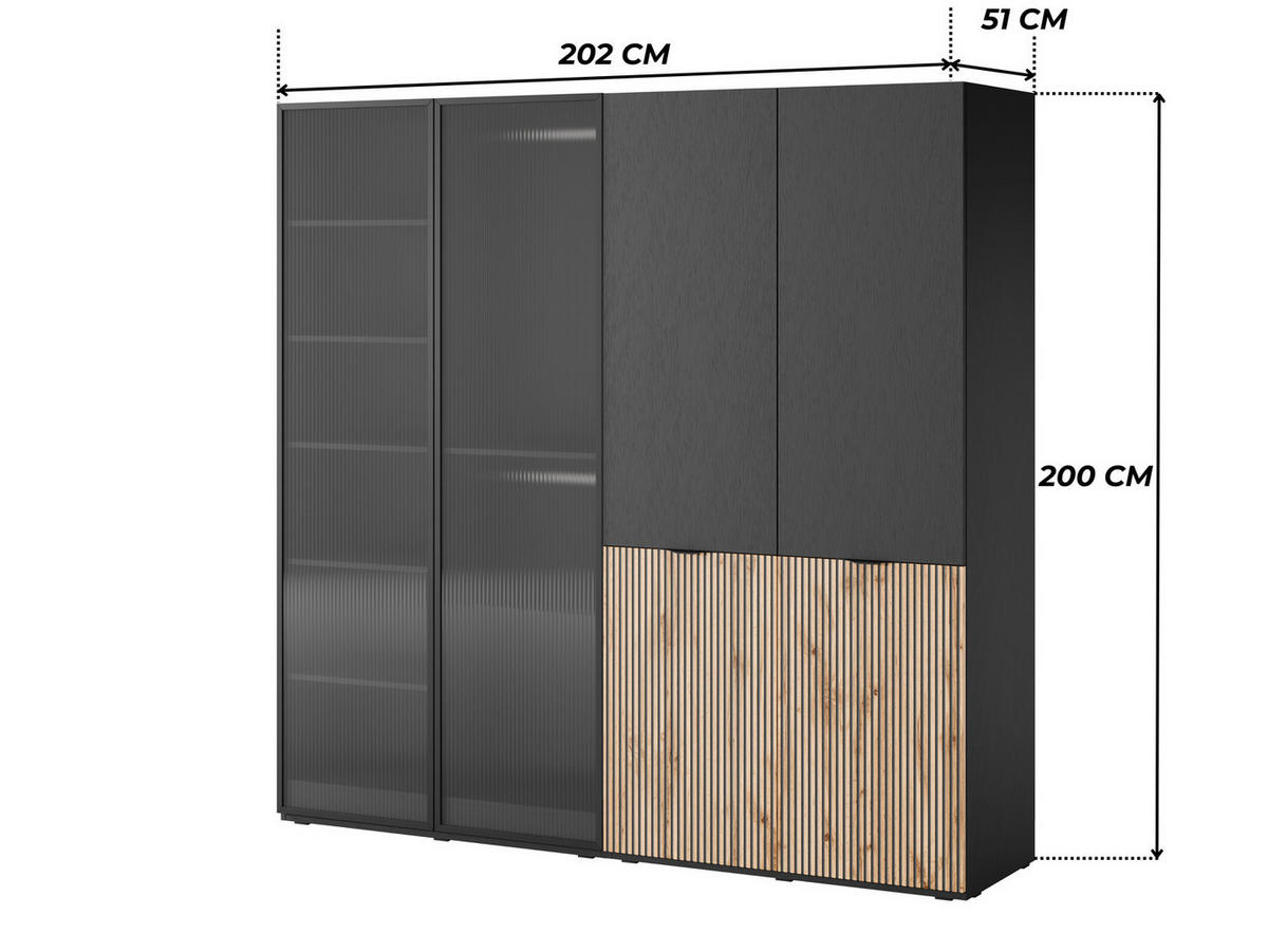 KLEIDERSCHRANK ZEN (Modular, Schwarz, Wotan Eiche & Geriffeltes Glas Flutes, 4-türig) - Eiche Wotan/Schwarz, Holz/Holzwerkstoff (202/200/51cm) - Ravio