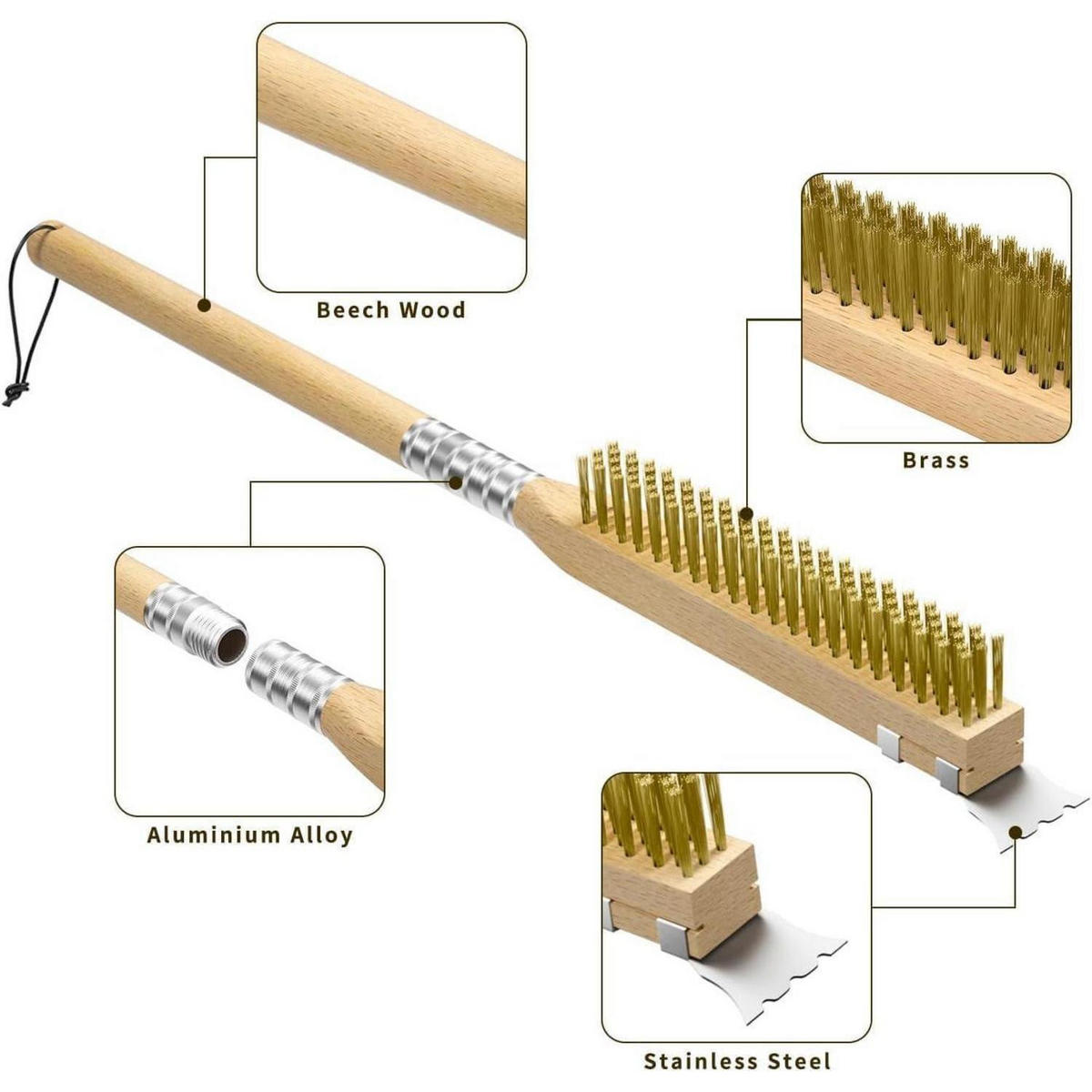 PIZZAOFENBÜRSTE mit Schaber Messingborsten Holzgriff 63,5 cm - Braun, Holz (9.8/5.2/63.5cm)