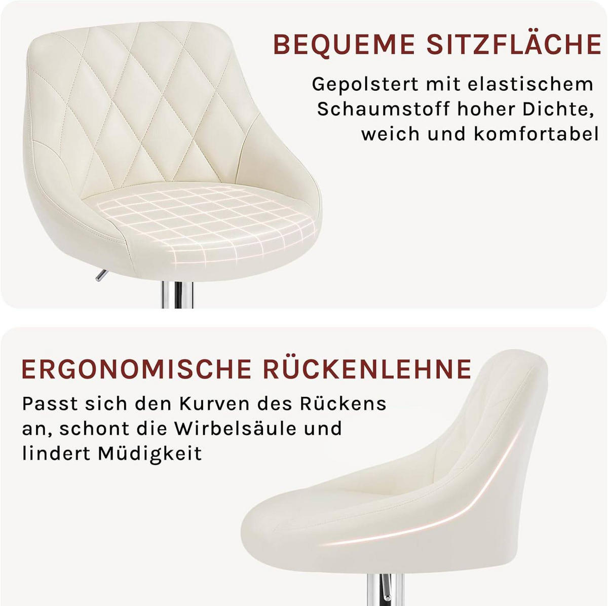 BARHOCKER 2er Set, Kunstleder,Höhenverstellbar, 360° Drehbar - Creme, Metall (47/104/39cm) - Woltu