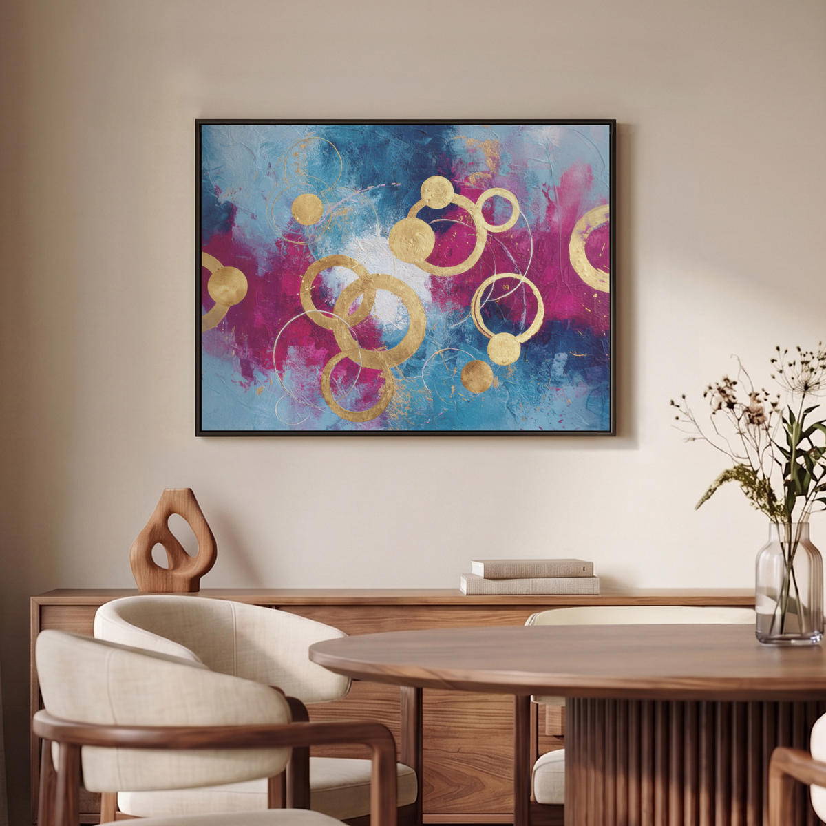 LEINWAND Bilder mit Rahmen - Kreise - Gold - Abstrakt - 80x60 - Blau, Textil (80/60cm) - MuchoWow