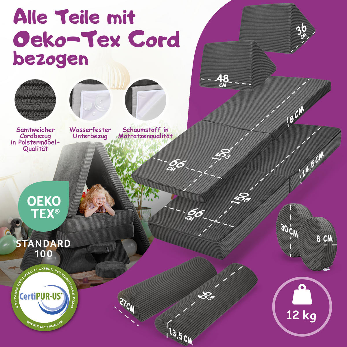 SPIELSOFA Kinder Fantasiewelt 8tlg - Dunkelgrau, Textil (150/55/66cm) - Linodino