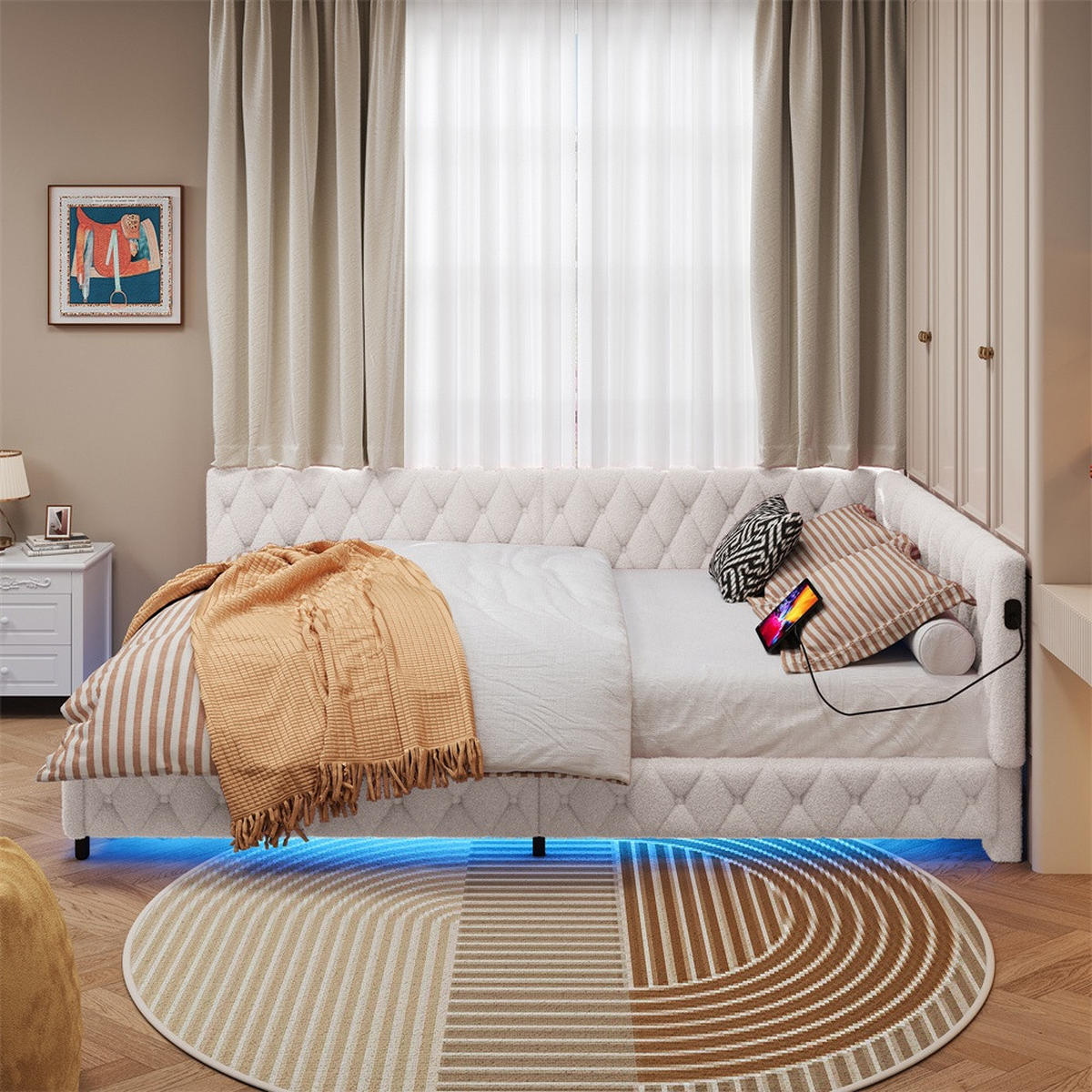 POLSTERBETT 140x200 cm - Doppelbett mit LED-Bettumrandung und USB-Ladefunktion - ohne Matratze - Beige - Beige, Textil (140/200cm) - DELFA