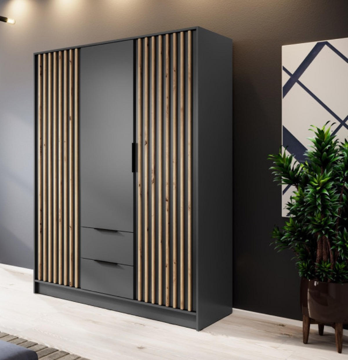 SCHRANK Grafit KELLY Dreitürig Mit Lamellen 155 cm - Graphitfarben, Holzwerkstoff (155/200/51cm) - Sepro Meble