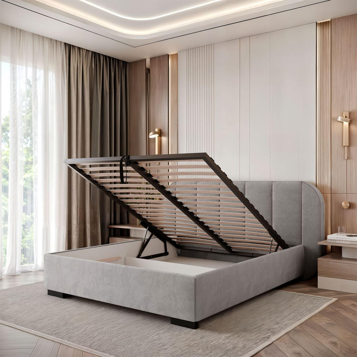 BETT AMARA 140x200 gepolstert mit Stauraum und Lattenrost, Royal Velvet 251 - Grau, Textil (140/200cm) - Lookway