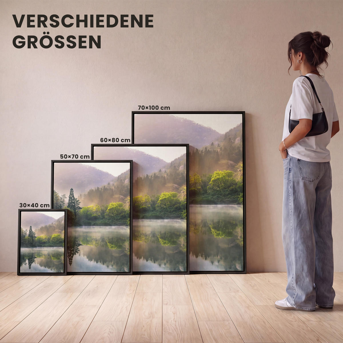 LEINWAND Bilder mit Rahmen - Natur - Bäume - Berge - See - Wasser - 30x40 - Hellgrün, Textil (30/40cm) - MuchoWow