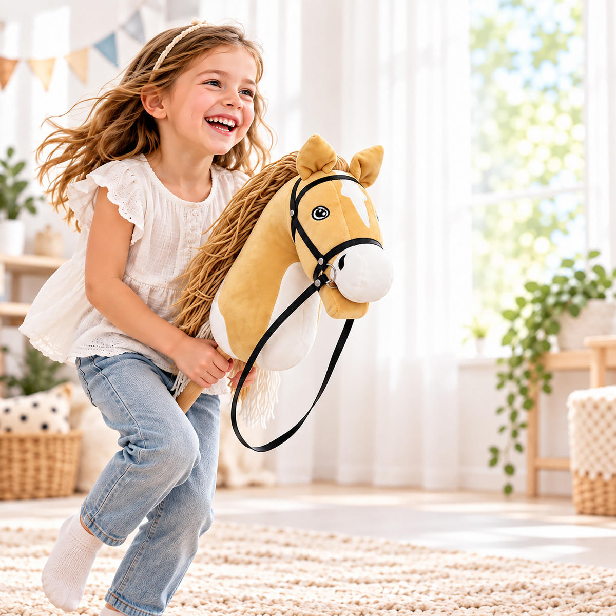 KONÍK Světle hnědý plyšový 71 cm s odnímatelnou bukovou tyčí - světle hnědá, dřevo/textil (12/71/29cm) - Relaxdays