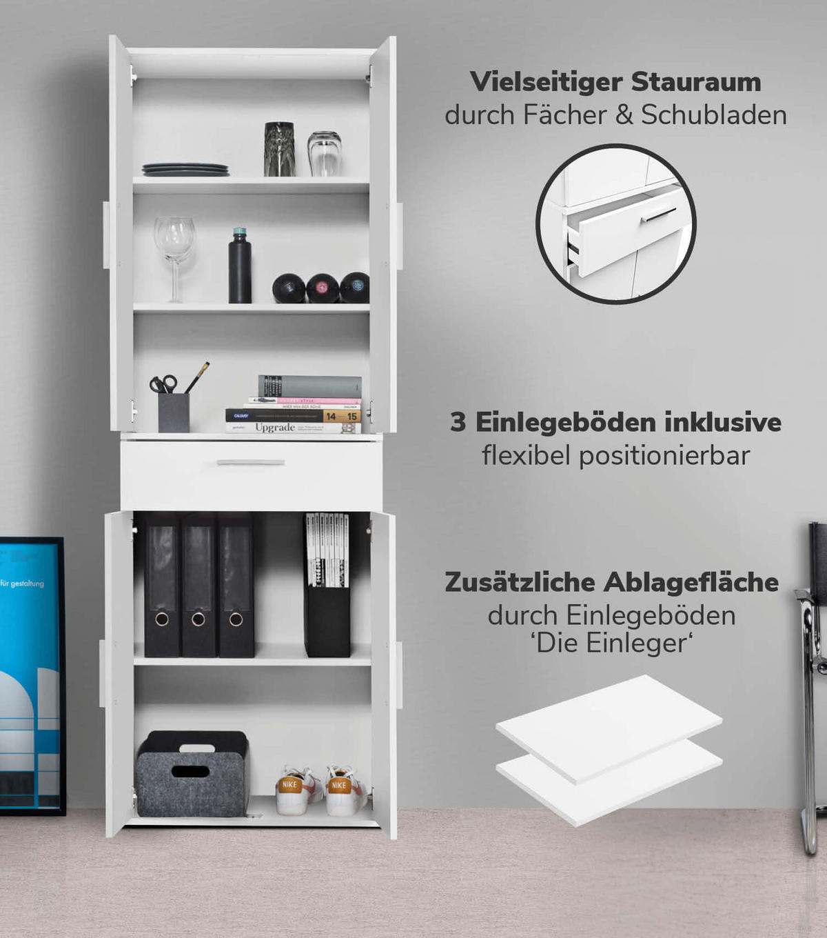 MEHRZWECKSCHRANK SET Der Allzweckwaffe - Silberfarben/Weiß, Holzwerkstoff (60/180/34cm) - Mokebo