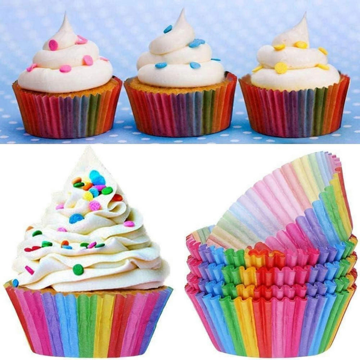 MUFFINFÖRMCHEN 200 Stück Set Regenbogen Papier - Multicolor, Papier (7/5/3cm)