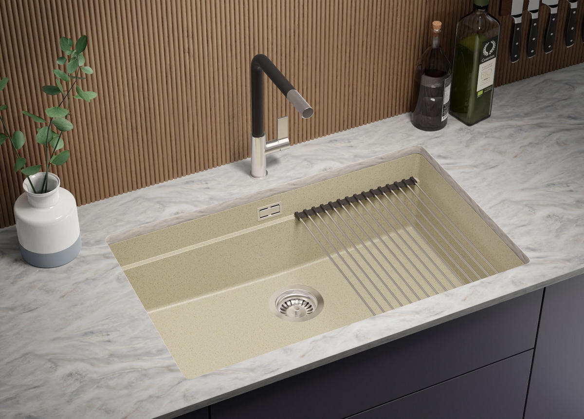 UNTERBAUSPÜLE GRANIT Praga, 2-er set Beige 76/47 cm 1 Becken + Ablauf-Set + Aufrollbare Abtropffläche ab 80er Unterschrank - Chromfarben/Beige, Kunststoff (76/20/47cm) - Primagran