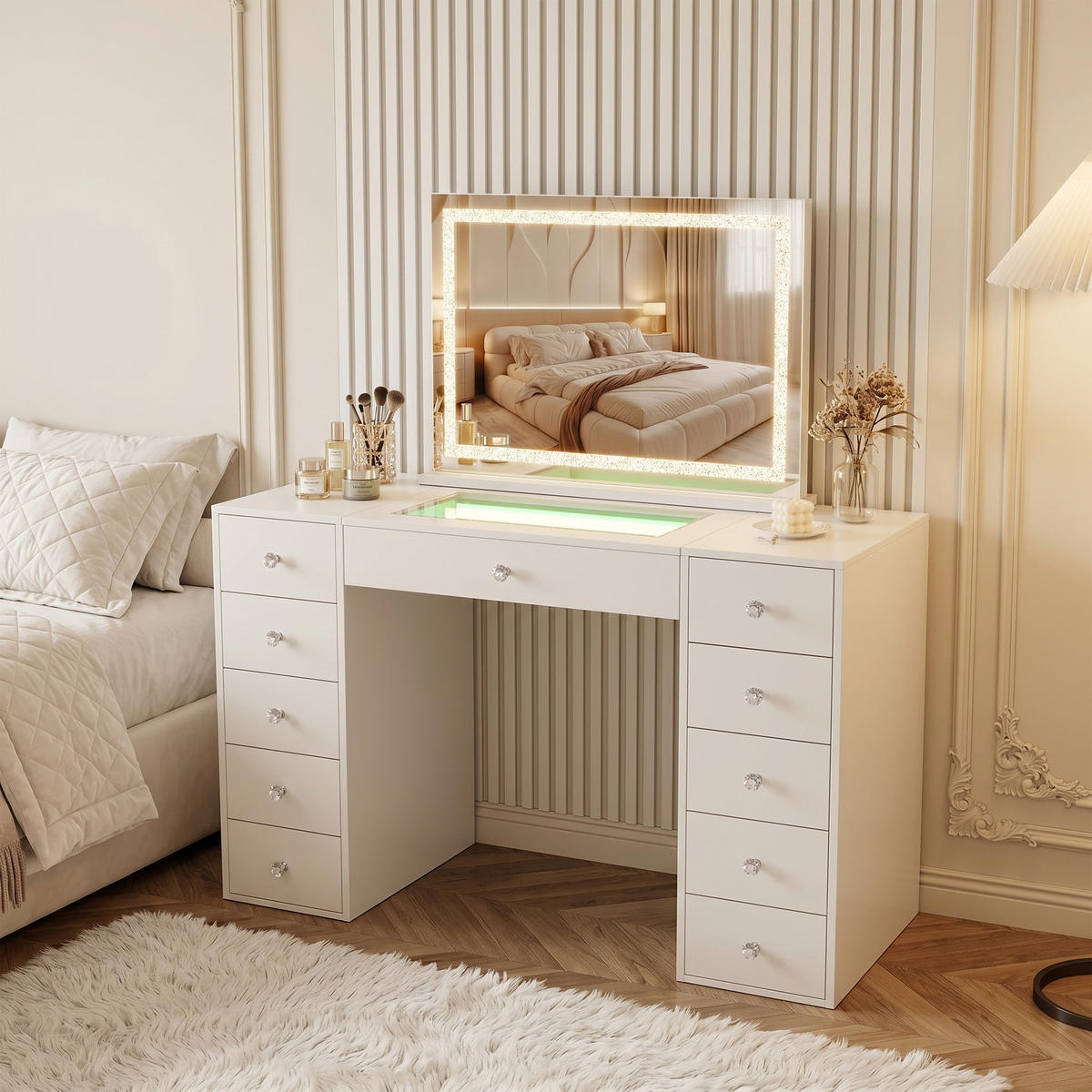 SCHMINKTISCH mit 11 Schubladen 130/55/81 CM und LED Lichtleiste gestreute Diamanten und Bluetooth 80 x 58 CM - Weiß, Holz/Metall (130/81/55cm) - VANITII