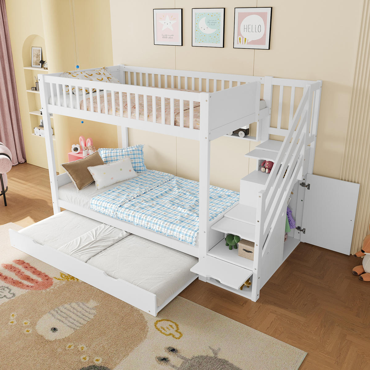 ETAGENBETT 90/200 cm Weiß mit Ausziehbett und Kleiderschrank aus Kiefernholz - Weiß, Holz (90/200cm) - OKWISH