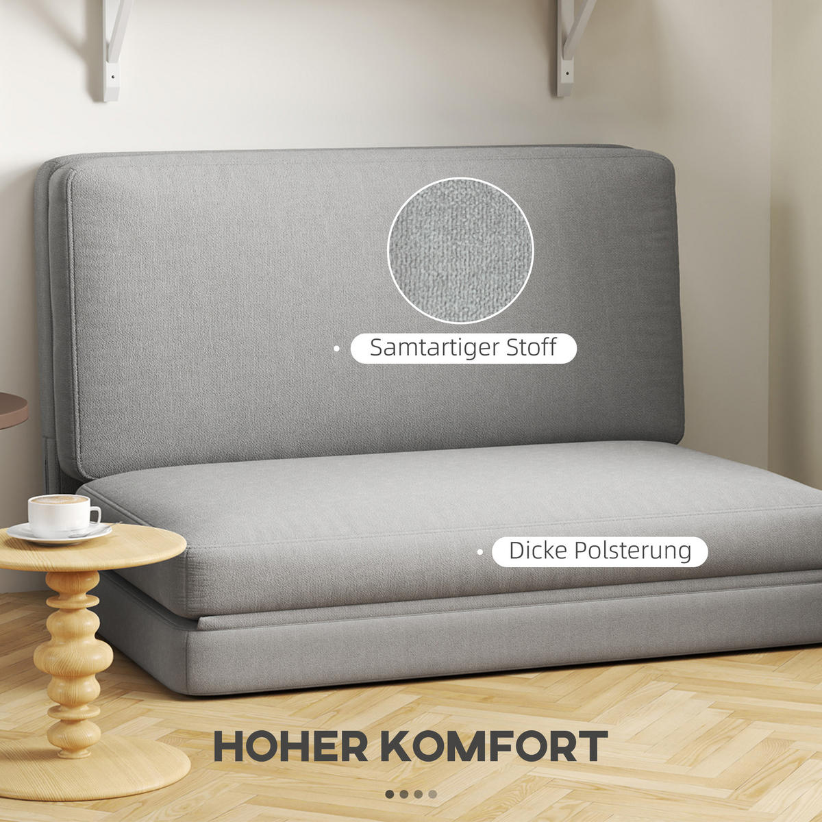 BODENSOFA 3-in-1 Klappbar Schlafsofa mit Samtoptik für Schlafzimmer, Wohnzimmer - Hellgrau, Textil (120/10/275cm) - HOMCOM