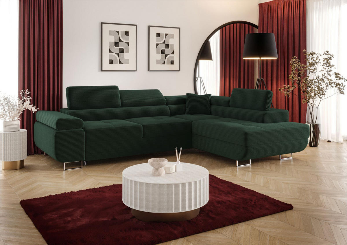 ECKSOFA EMILY mit Schlaffunktion Poso 14 Rechts - Dunkelgrün, Textil (275/200cm) - Bedante