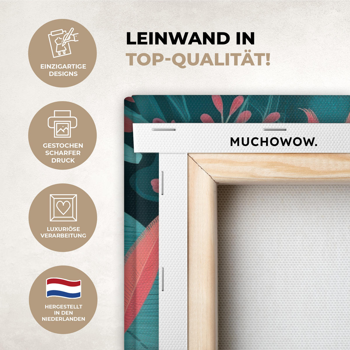 LEINWANDBILD Kakadu - Tropische Blätter - Zweig Deko Wohnzimmer 20x20 cm - Petrol, Textil (20/20cm) - MuchoWow