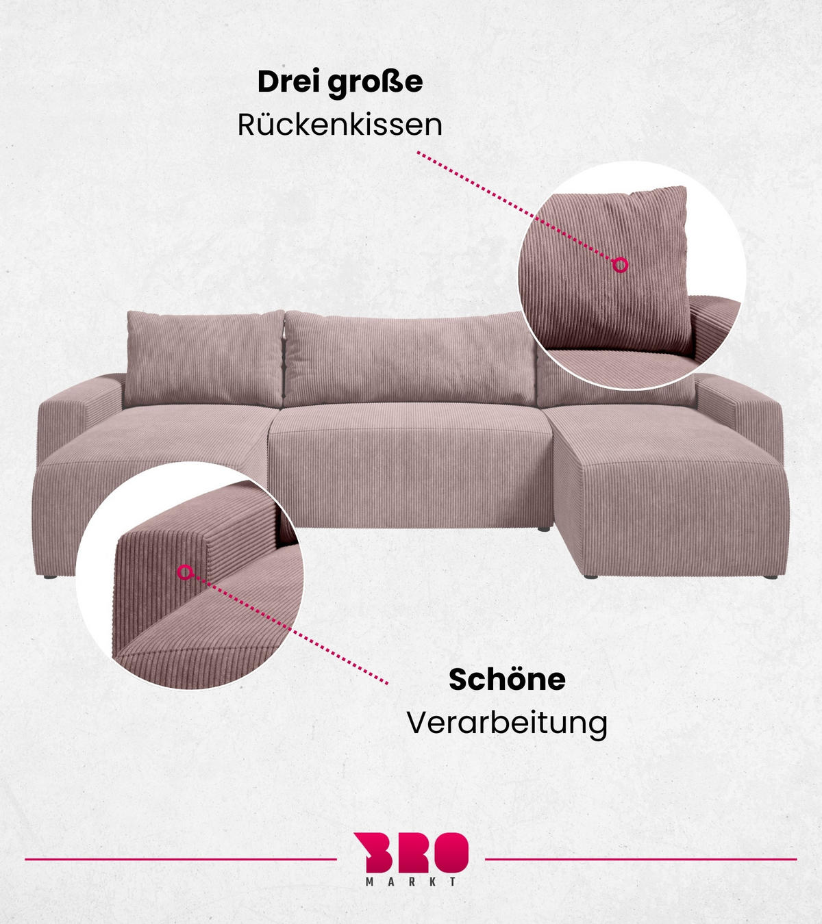 WOHNLANDSCHAFT Plush mit Schlaffunktion Rosa Cord - Rosa, Kunststoff/Textil (315/72/145cm) - Bromarkt