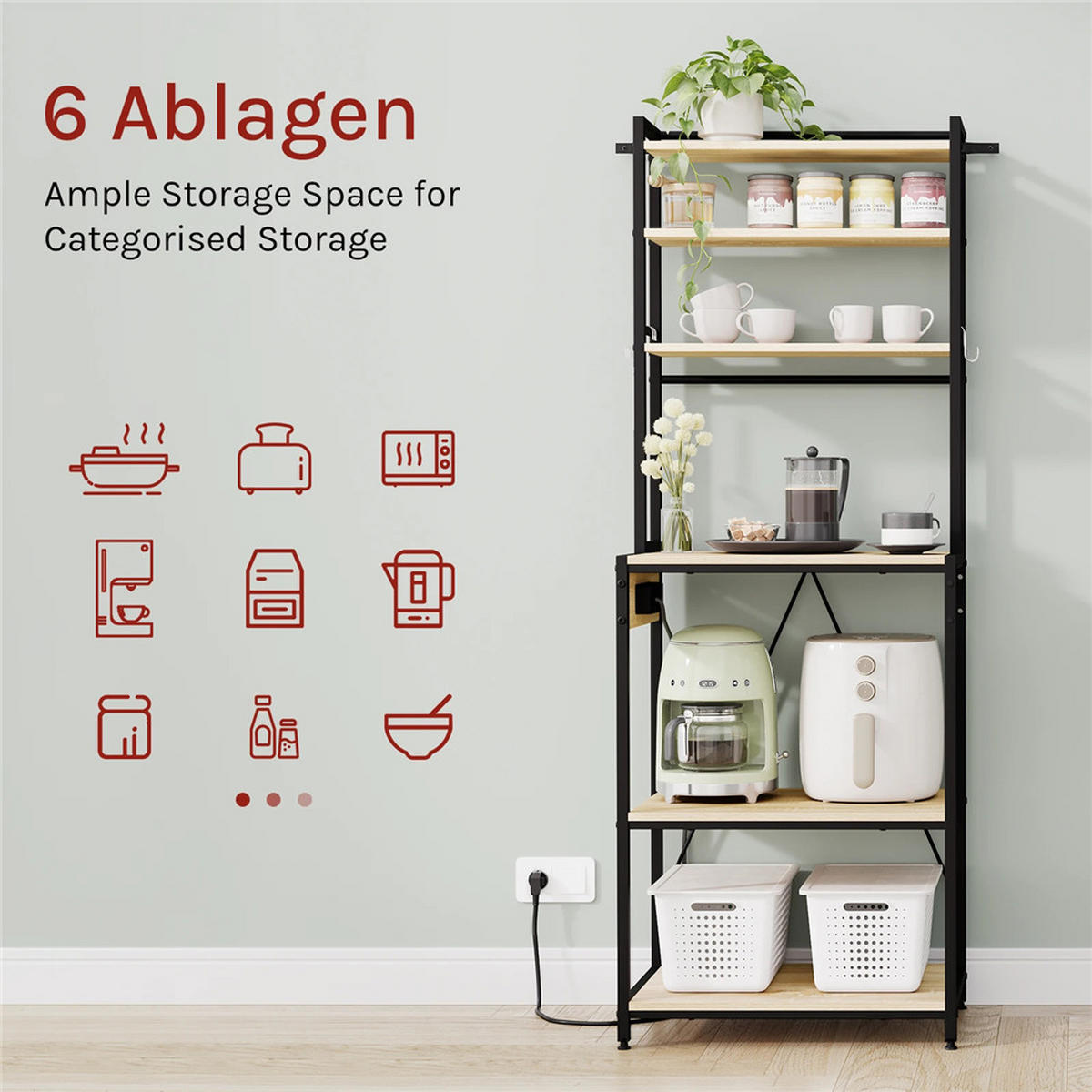 KÜCHENREGAL Steckdose 60x167x40 cm Eiche Standregal - Eichefarben, Metall (60/167/40cm) - Kaket