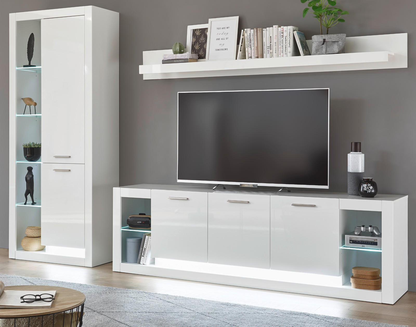 WOHNWAND 3-teilig weiß Hochglanz 298 cm, Schrankwand modernes Design - Weiß Hochglanz/Silberfarben, Glas/Holzwerkstoff (298/198/43cm) - Furn.Design
