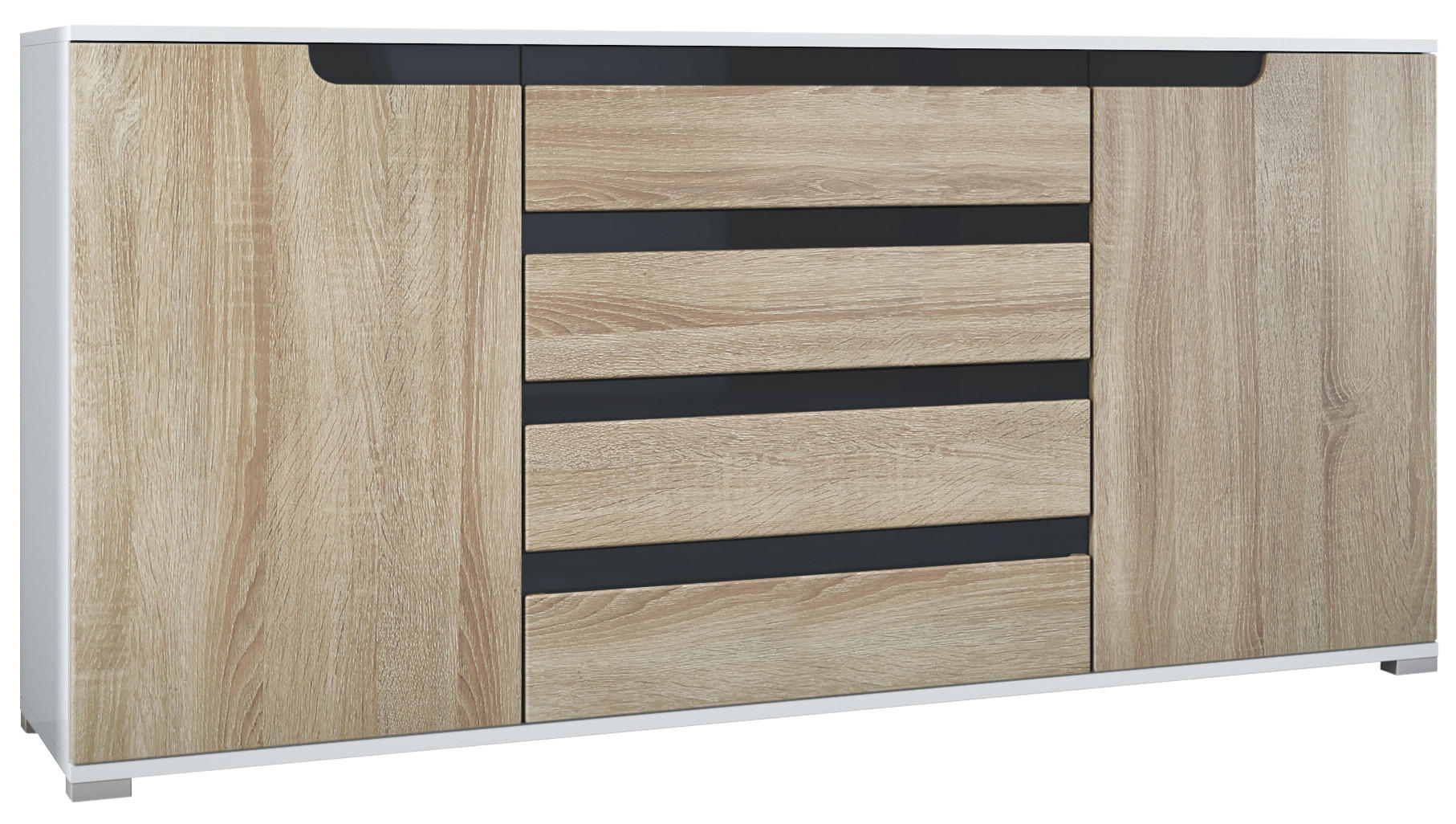 SIDEBOARD Sylt Eiche sägerau / Schwarz Hochglanz - Eiche San Remo, Holzwerkstoff (166.5/75.5/35cm) - Vladon