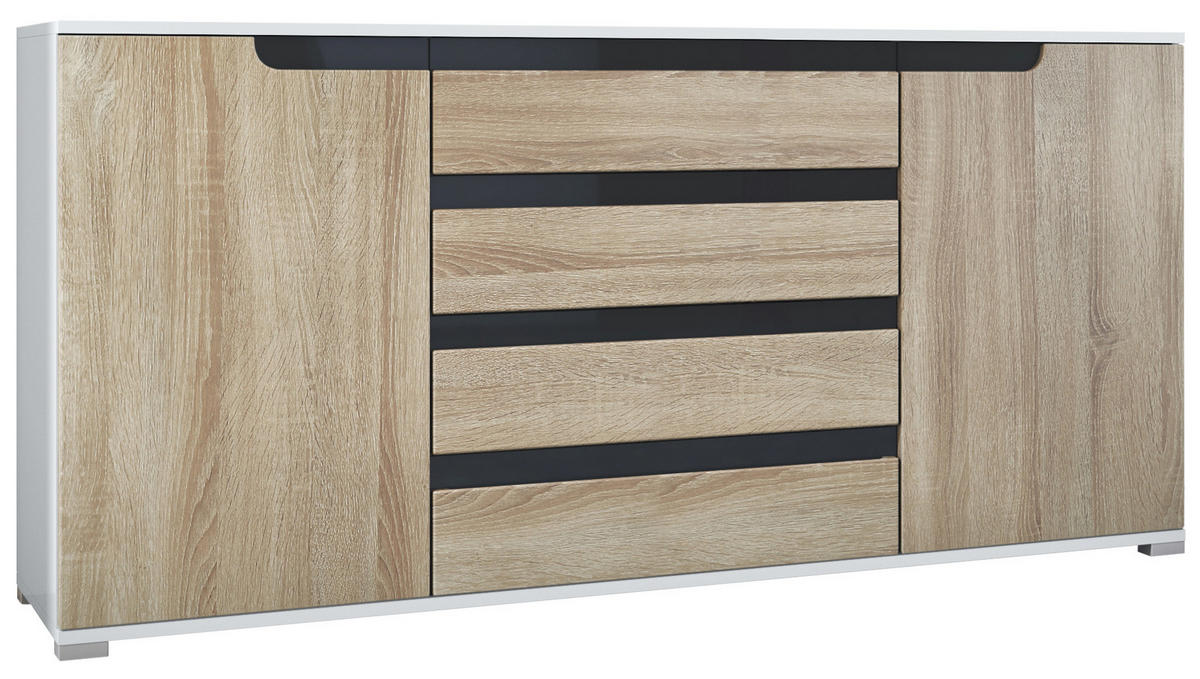 SIDEBOARD Sylt Eiche sägerau / Schwarz Hochglanz - Eiche San Remo, Holzwerkstoff (166.5/75.5/35cm) - Vladon