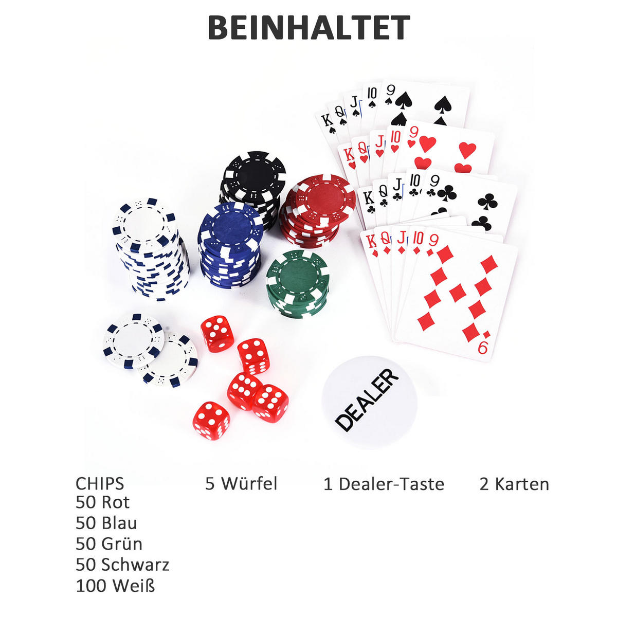 POKERKOFFER Pokerset 300 Pokerchips 5 Farben 2xKartenspiel 5xWürfel 1xAlukoffer - Multicolor, Kunststoff (20.5/38cm) - HOMCOM
