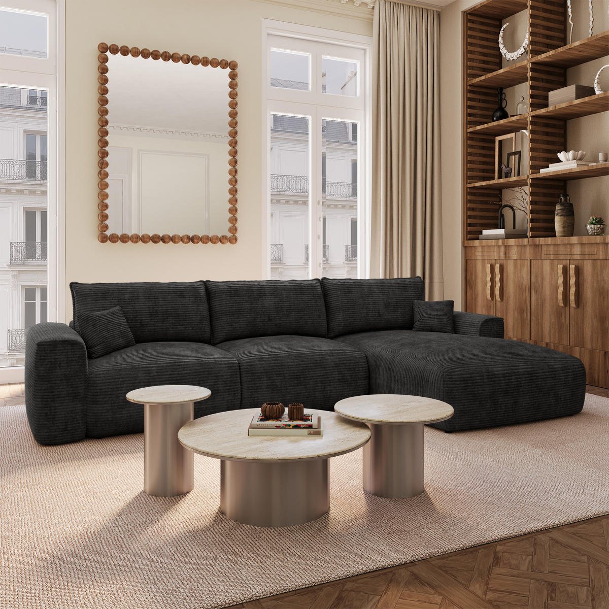 ECKSOFA rechtwinklig COMO Cord Schwarz 297cm - Schwarz, Textil (297/167cm) - Premium Interiors
