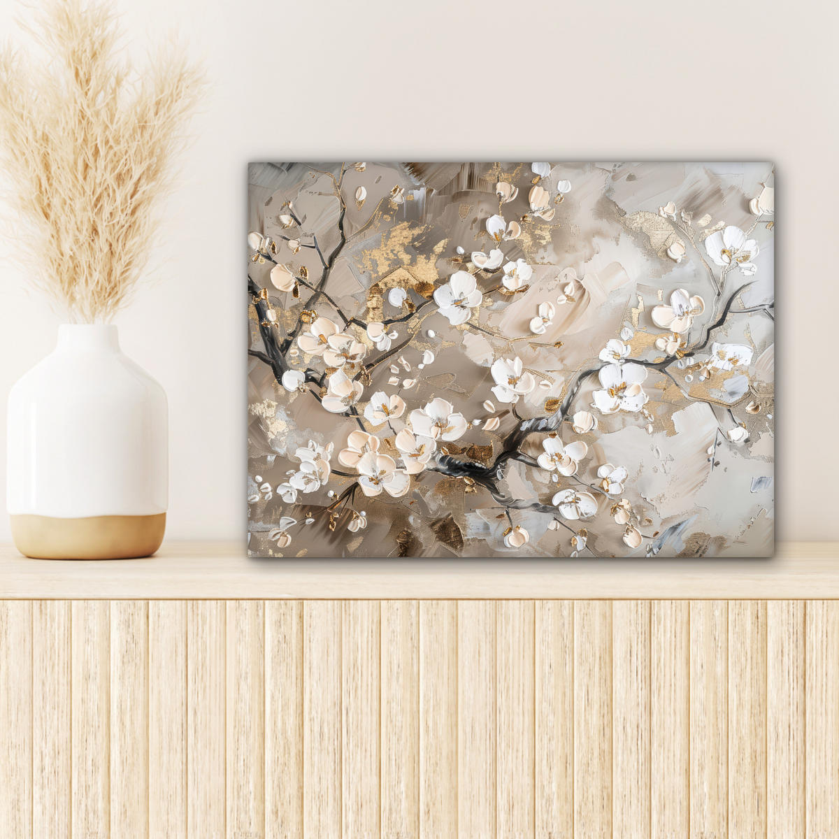LEINWANDBILD - Blumen - Weiß - Gold - Beige - Luxus - 40x30 - Wanddeko - Greige, Textil (40/30cm) - MuchoWow