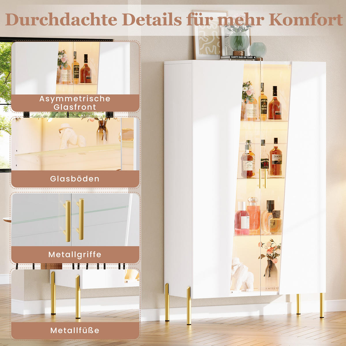 VITRINE 72x40x145 cm mit LED und Glastür - Weiß, Holzwerkstoff (72/145/40cm) - FLIEKS
