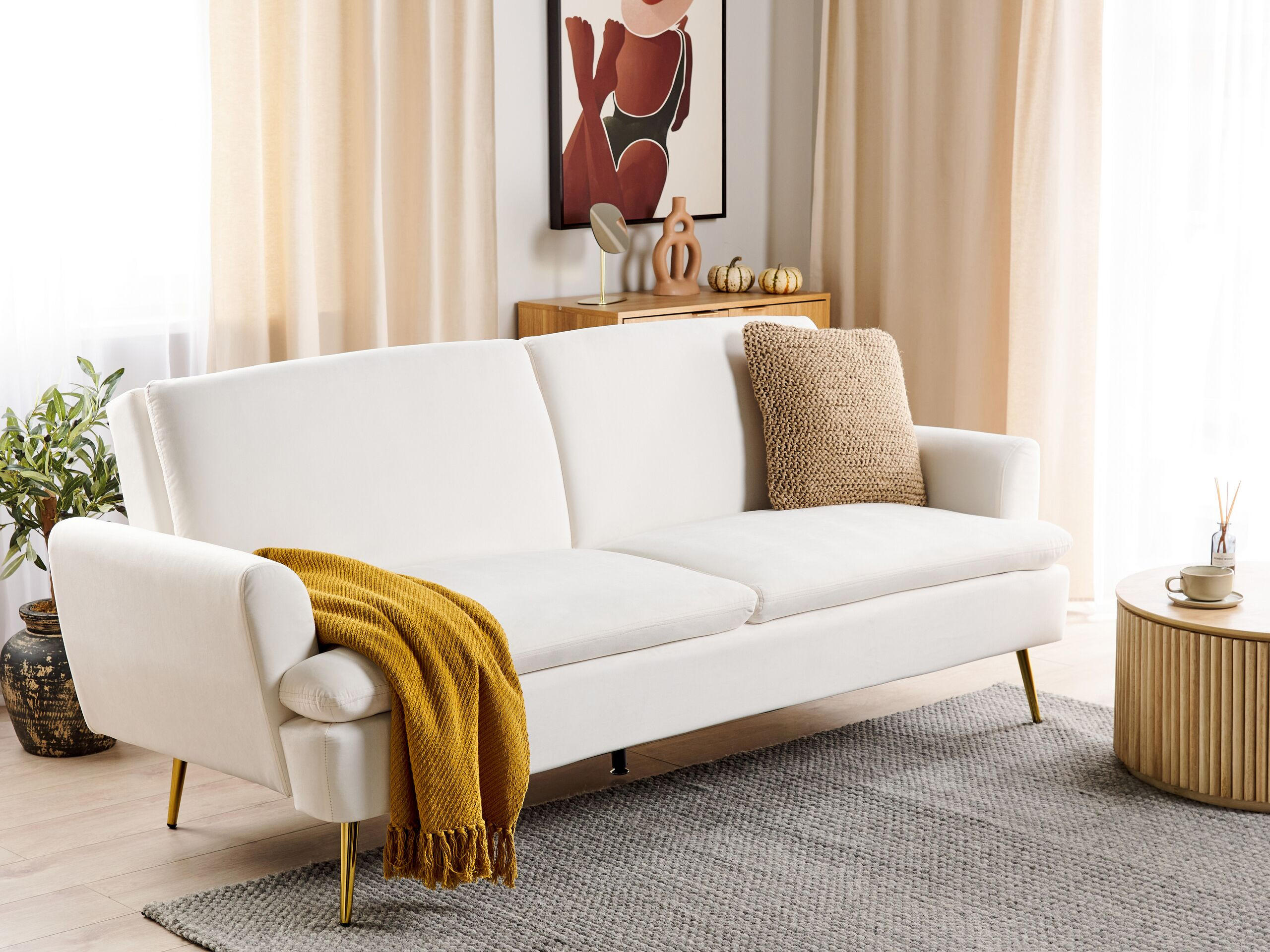 3-SITZER-SCHLAFSOFA Samtstoff Cremeweiß Vettre - Goldfarben/Weiß, Textil (210/88/84cm) - Beliani