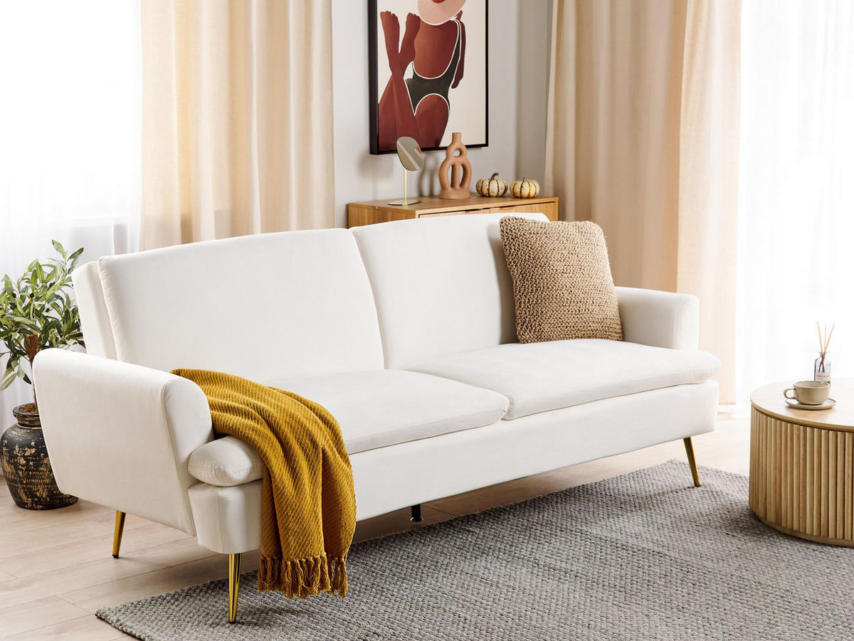 3-SITZER-SCHLAFSOFA Samtstoff Cremeweiß Vettre - Goldfarben/Weiß, Textil (210/88/84cm) - Beliani