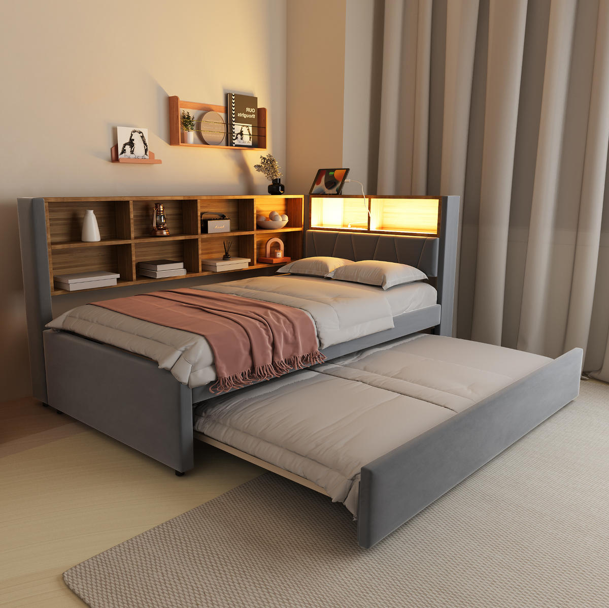 POLSTERBETT 90/200 cm Dunkelgrau aus Flanell mit Ausziehbett - Dunkelgrau, Textil (90/200cm) - OKMYHOME