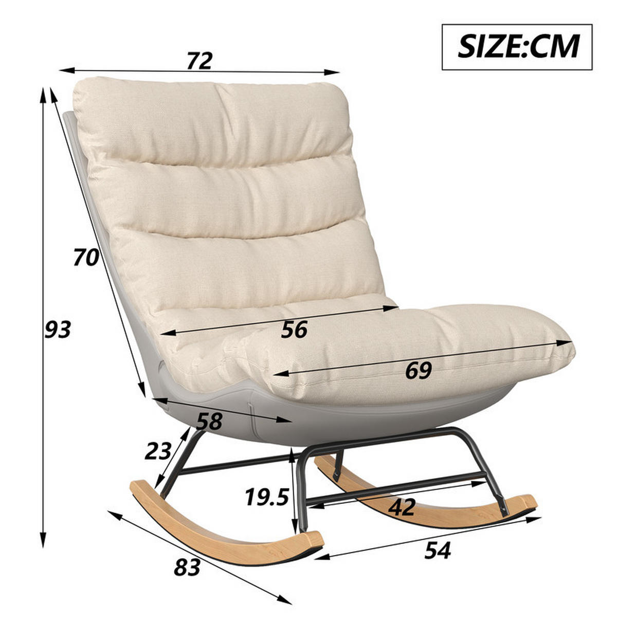 SCHAUKELSTUHL, Metallgestell, geräuschlose Holzbeine, abnehmbare Kissen, Leinen+technisches Tuch, Beige - Beige, Textil (72/93/83cm) - WoodenAura
