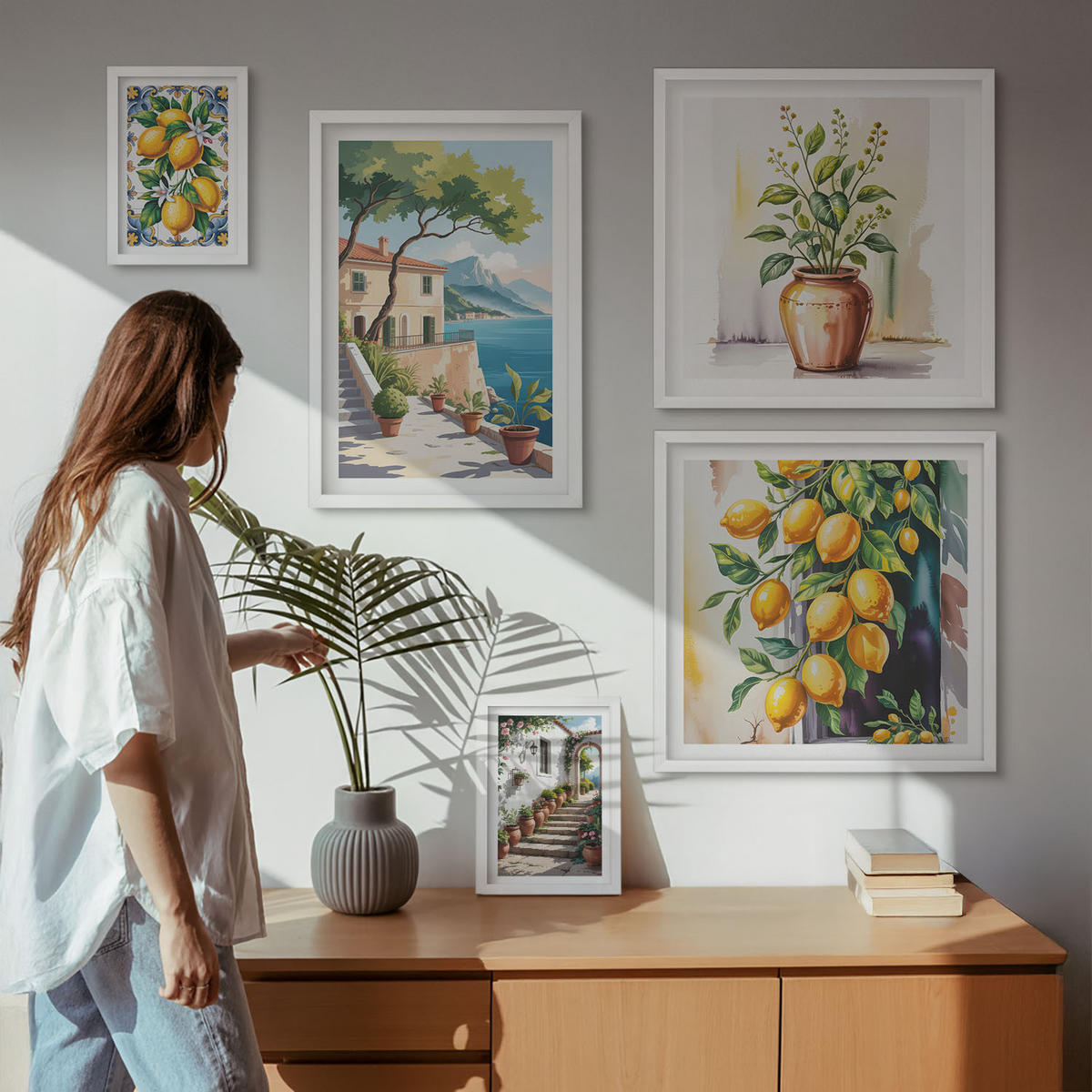 WANDBILDER 5er-Set - 50x50 cm & 20x30 cm & 40x60 cm Weißer Rahmen - Zitrusbaum im Fenster am Meer - Weiß, Kunststoff (40/60cm) - ArtPrintCave