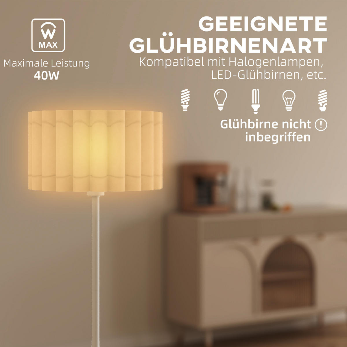 STEHLAMPE, Stehleuchte mit E27 Fassung, mit Wellenschirm für Wohnzimmer, Weiß - Weiß, Kunststoff (35/35/153cm) - HOMCOM