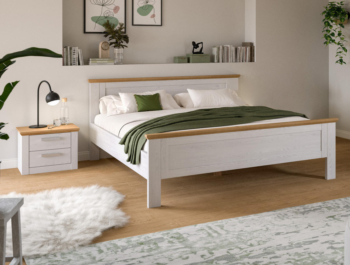 SCHLAFZIMMER weiß Lärche, Eiche Artisan Landhaus Set mit Bett 180 x 200 cm und Nachttisch - Eichefarben/Silberfarben, Holzwerkstoff/Kunststoff (180/200cm) - Inn.Furn