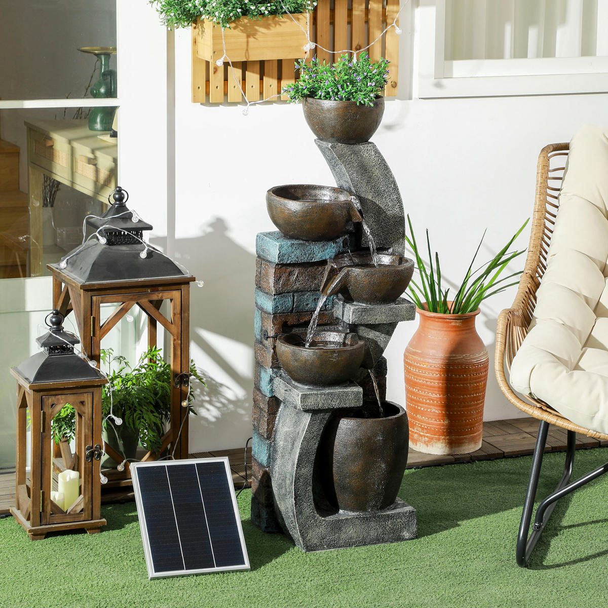 GARTENBRUNNEN, Backsteinoptik, 5-stufig, solarbetrieben, LED, 107 cm, Kunstharz, grau/braun - Braun, Kunststoff (35/37cm)