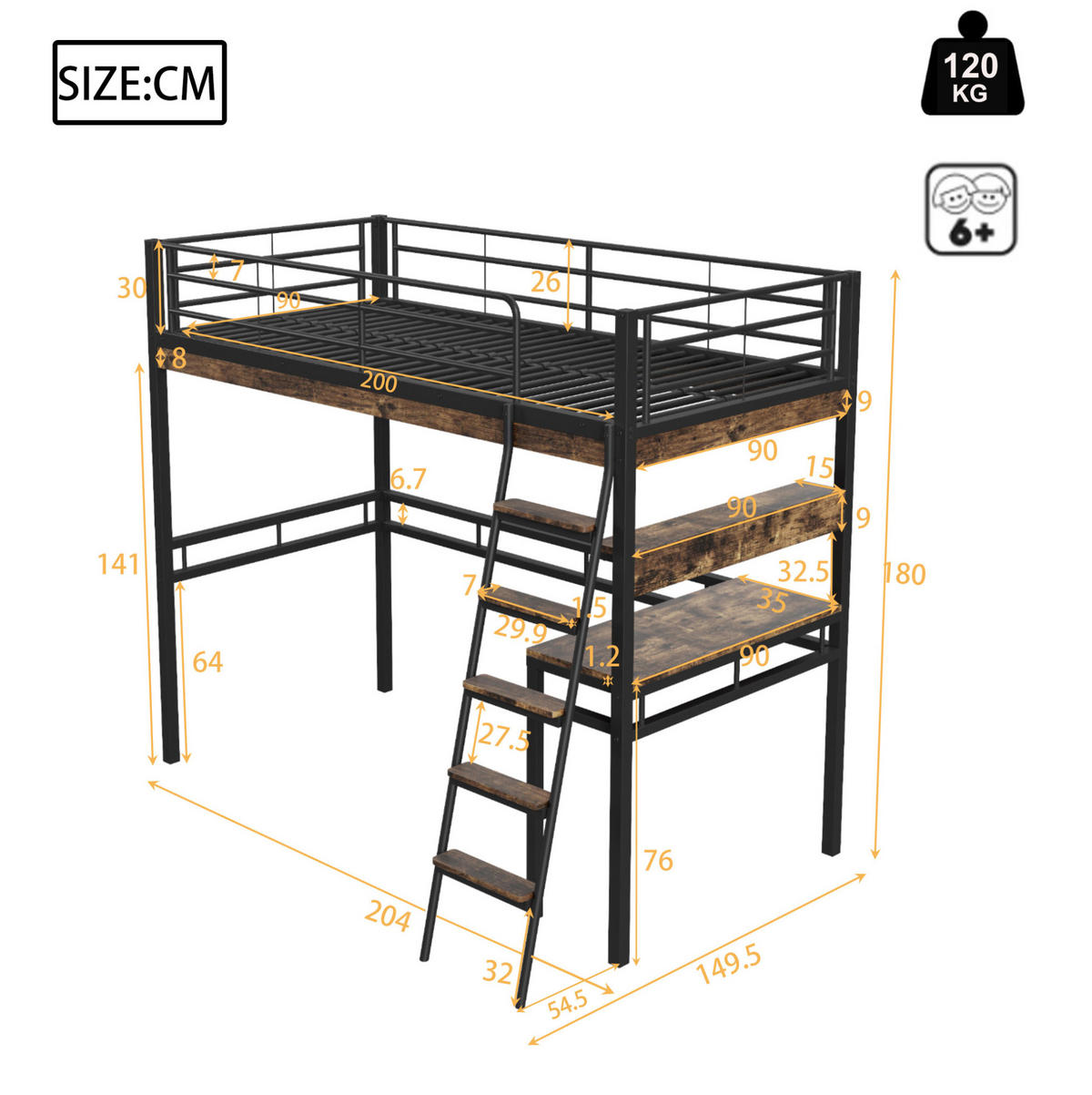 HOCHBETT 90/200 cm, Schwarz mit Schreibtisch und Regalen, ohne Matratze - Schwarz, Metall (90/200cm) - MIVRAY