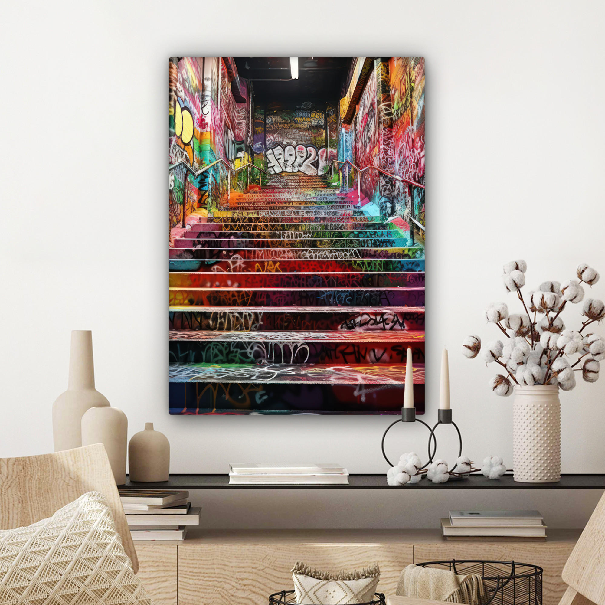 LEINWANDBILD Treppe - Graffiti - Farben - Kunst 60x80 cm - Multicolor, Textil (60/80cm) - MuchoWow