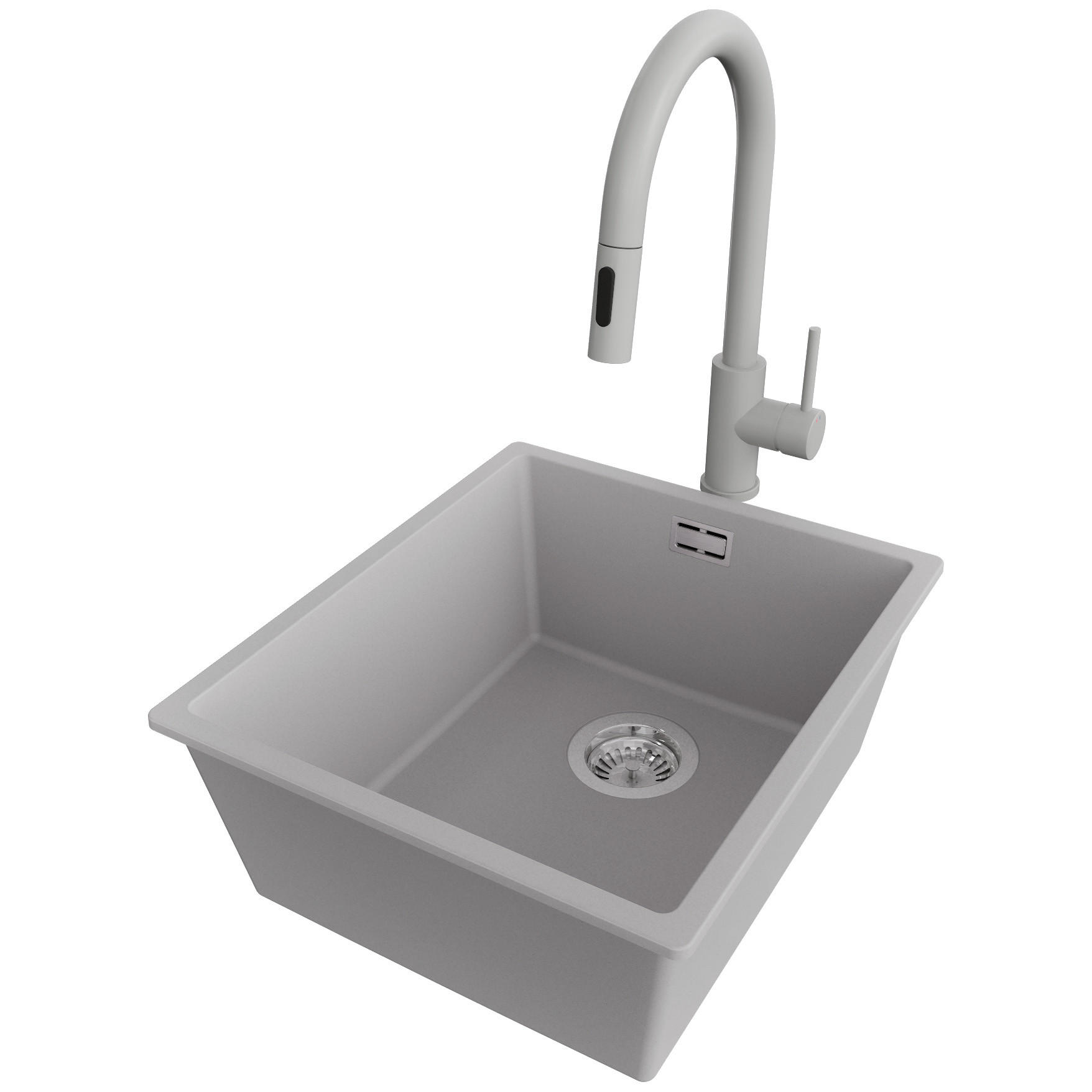 GRANITSPÜLE London Slim, 2-er set Grau 41/47 cm 1 Becken + Küchenarmatur 40/20 cm + Ablauf-Set ab 45er Unterschrank - Chromfarben/Grau, Kunststoff (41/20/47cm) - Primagran