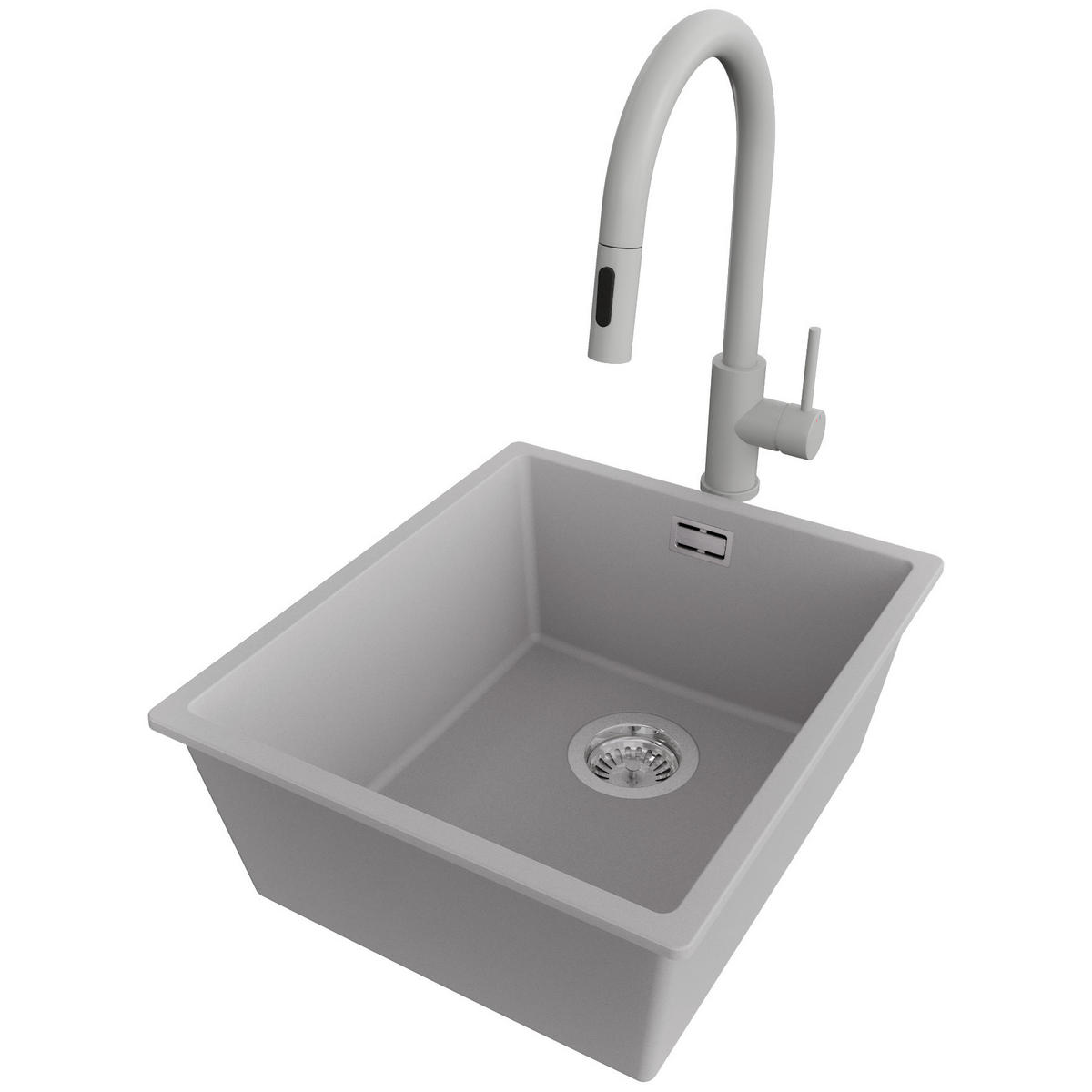 GRANITSPÜLE London Slim, 2-er set Grau 41/47 cm 1 Becken + Küchenarmatur 40/20 cm + Ablauf-Set ab 45er Unterschrank - Chromfarben/Grau, Kunststoff (41/20/47cm) - Primagran